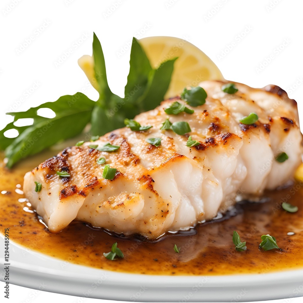 piece of grilled monkfish on white background piece of grilled monkfish on white background