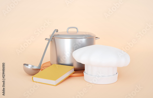 Fototapeta Naklejka Na Ścianę i Meble -  Kitchen tools with chef's hat and book of recipes on a beige background. 3d-rendering