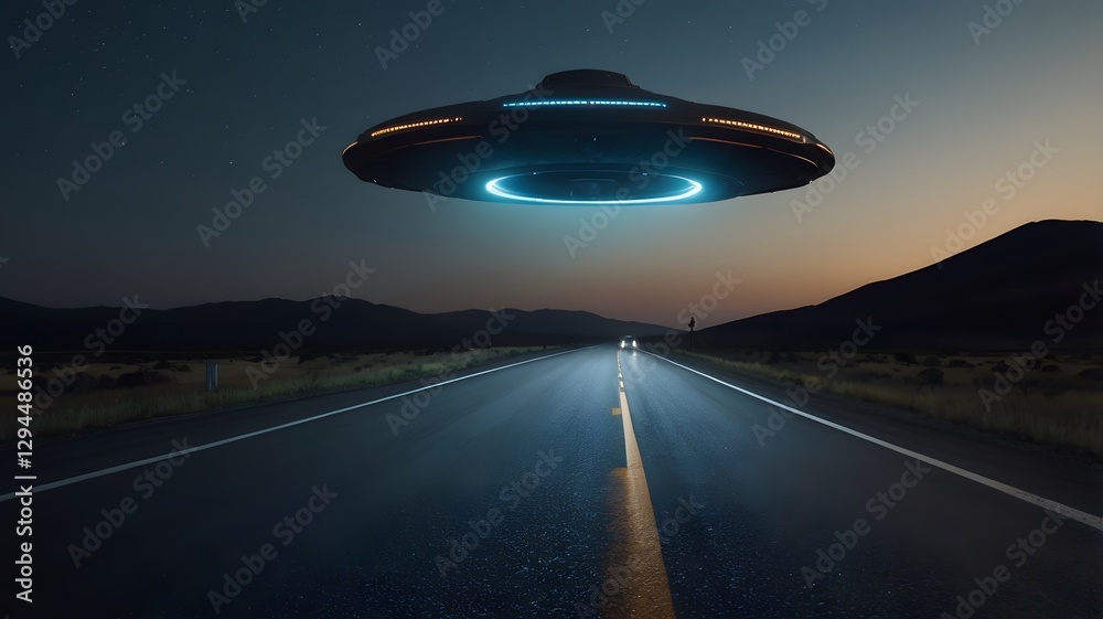 Obraz premium This surreal image depicts a quiet late-night highway drive where a UFO appears overhead, casting a glowing light over the road below. The sleek, futuristic craft hovers in the dark sky, its blue and