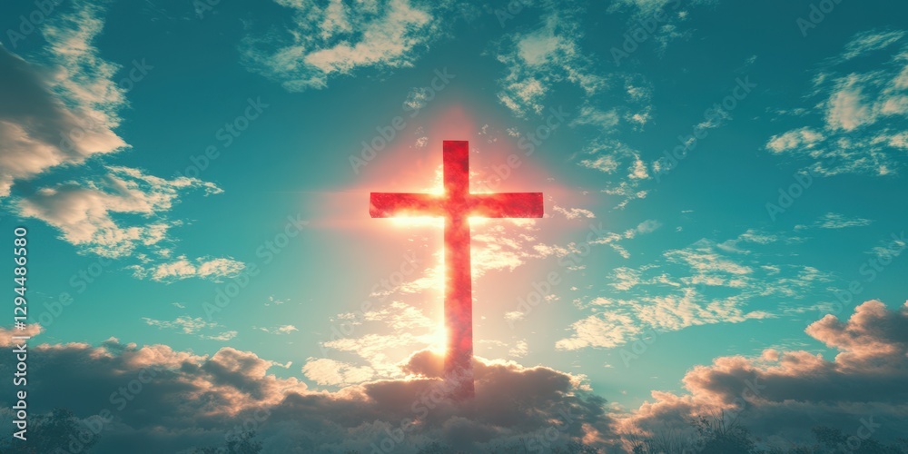 Fototapeta premium Sunlight shines through clouds highlighting a cross at sunset in a serene and spiritual atmosphere
