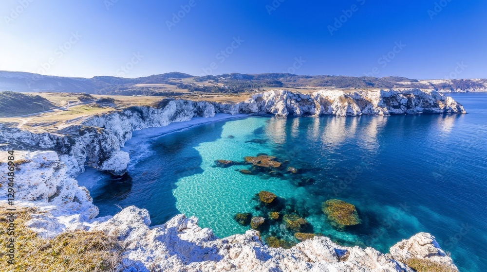 Stunning Coastal Cliffs Turquoise Ocean Aerial View White Rocks Beach Sunny Day Land Stunning Coastal Cliffs Turquoise Ocean Aerial View White Rocks Beach Sunny Day Land