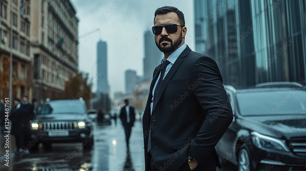 Urban Security: Man in Suit and Sunglasses Urban Security: Man in Suit and Sunglasses
