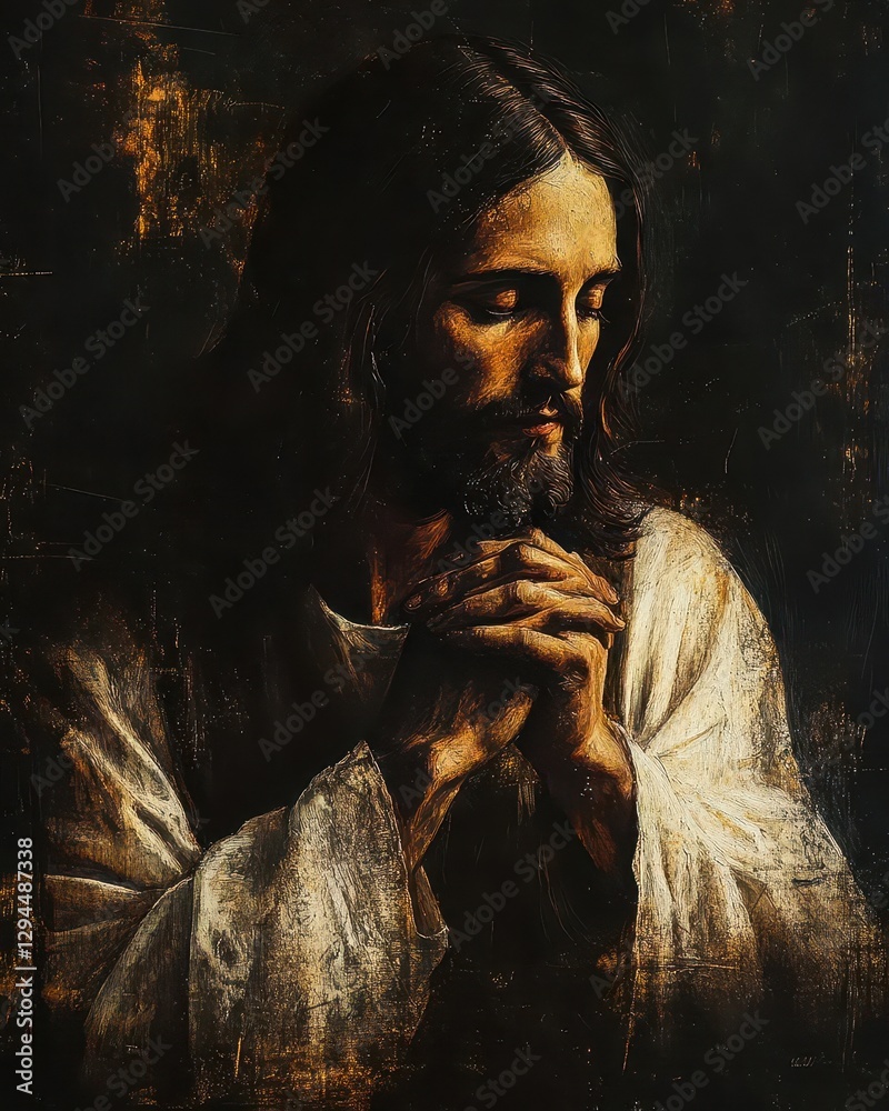 Divine Portrait of Jesus Christ Praying in Deep Contemplation Surrounded by Ethereal Light Divine Portrait of Jesus Christ Praying in Deep Contemplation Surrounded by Ethereal Light