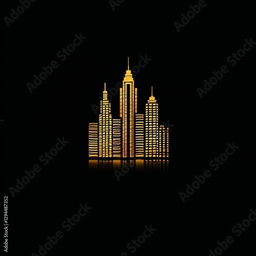 Elegant golden city skyline logo on black background with modern skyscrapers