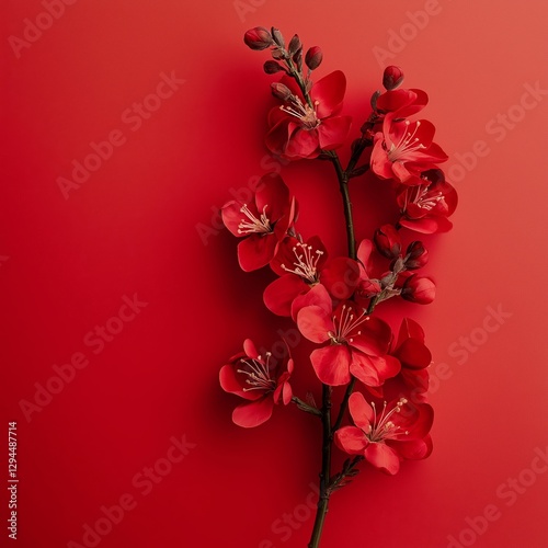 A stunning red blossom artistically arranged against a minimal red backdrop. photo