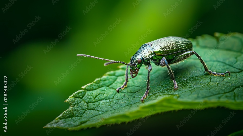 Macro Image of Vibrant Green Beetle on Leaf in Natural Setting Macro Image of Vibrant Green Beetle on Leaf in Natural Setting