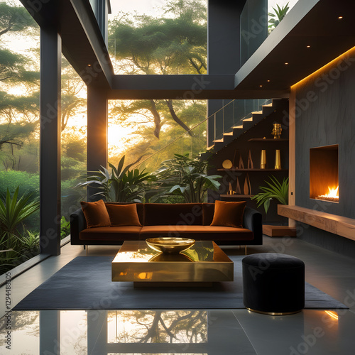 A low-profile black sofa, accented with burnt-orange velvet cushions, anchors the space, offering both style and comfort.