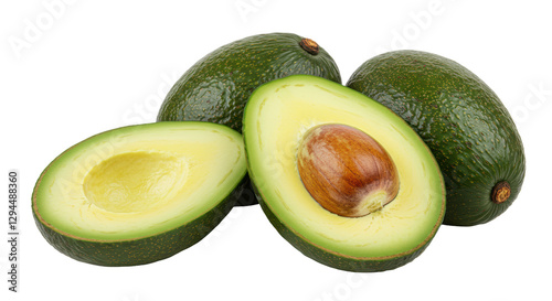 Isolated Group of Fresh Avocados, One Halved to Reveal the Pit