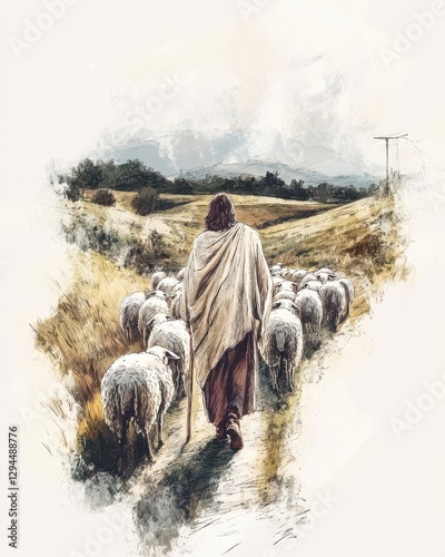 Elegant Hand-Drawn Illustration of Jesus as the Good Shepherd Guiding His Flock with Soft Pastel Colors