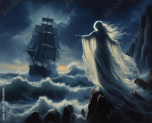A ghostly figure in flowing white stands on a rocky shore, gazing towards a ship sailing through stormy ocean waves under a moonlit night, creating a haunting and surreal ambiance.

