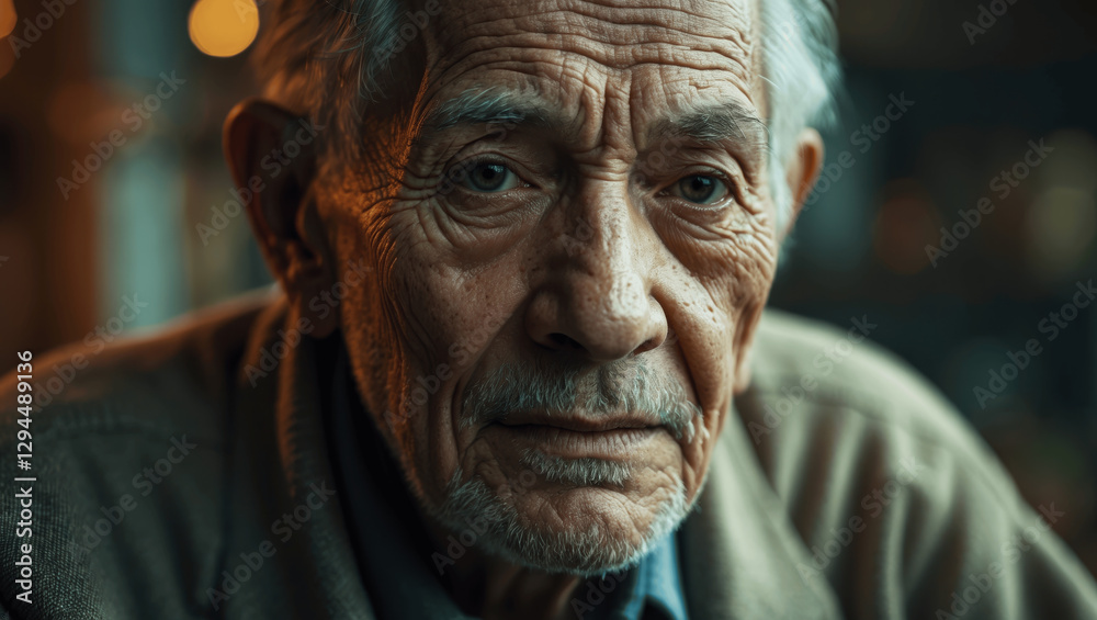 Elderly man with expressive features reflects on life in a warm, cozy indoor setting during the evening hours Elderly man with expressive features reflects on life in a warm, cozy indoor setting during the evening hours