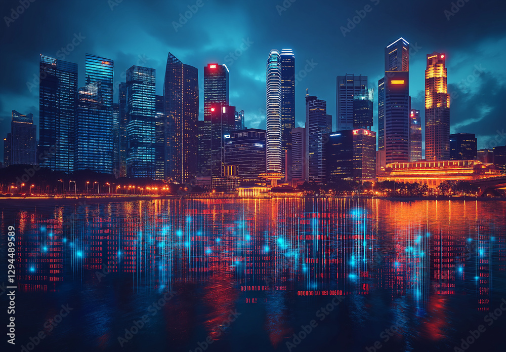 Obraz premium A dynamic stock market graph with the Singapore skyline in the background, highlighting blue and purple colors