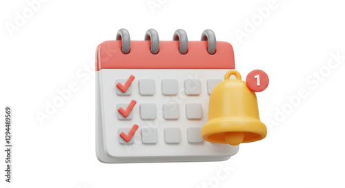 Isolated 3D Render of Calendar with Bell and Checkmarks