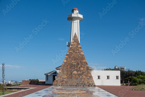 South Africa. Port Elizabeth Gqeberha. Donkin memorial pyramid and lighthouse at Donkin Reserve, sunny day, blue sky