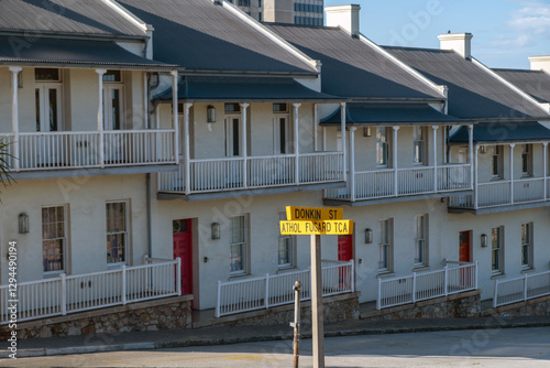 Port Elizabeth, Gqeberha South Africa. Donkin Street houses, Attached houses in a row, blue sky