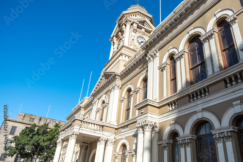 South Africa. Port Elizabeth Gqeberha City Hall. Historic building with a clock tower in Market Square.
