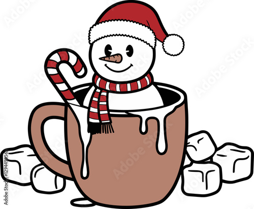 Snowman in Hot Cocoa with Candy Cane and Marshmallows