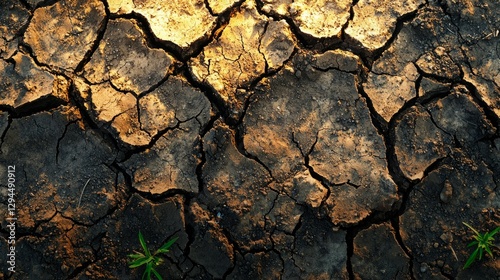 Dry Cracked Earth Soil Texture Under Bright Sunlight With Green Grass