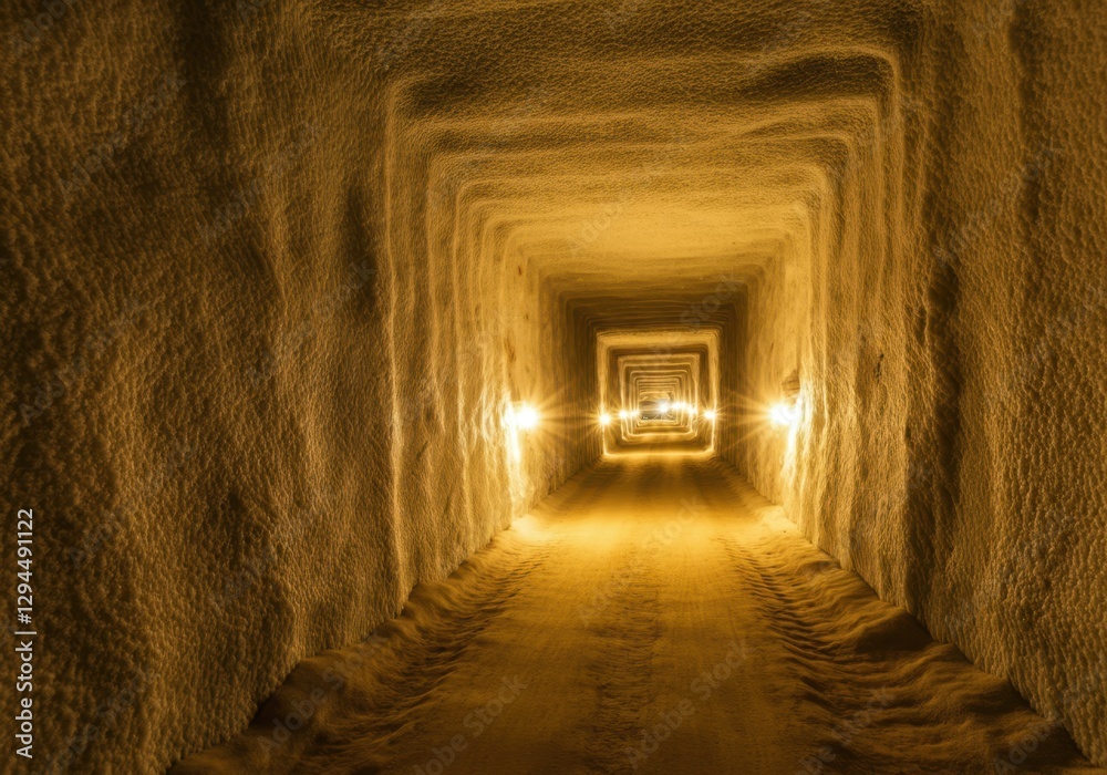 Fototapeta premium Salt mine tunnel showing mineral rich rocks and bright lights illuminating the path