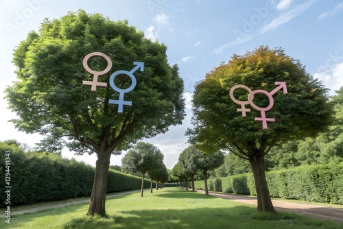 A transgender symbol combining male (♂) and female (♀) signs represents gender diversity. It reflects identity beyond the binary, embracing nonbinary and transgender people. photo