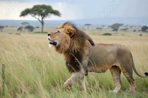 Wallpaper Mural A powerful male lion, its golden mane flowing, eyes fierce and intense. Every scar tells a story as it moves with quiet strength, exuding dominance and grace. Torontodigital.ca