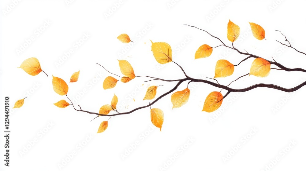 Autumn branch with falling golden leaves on white background Autumn branch with falling golden leaves on white background