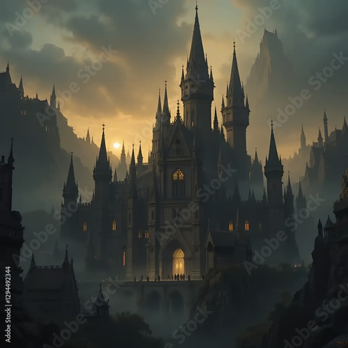 Wallpaper Mural Majestic Fantasy Castle at Dawn/Dusk, shrouded in mist Torontodigital.ca