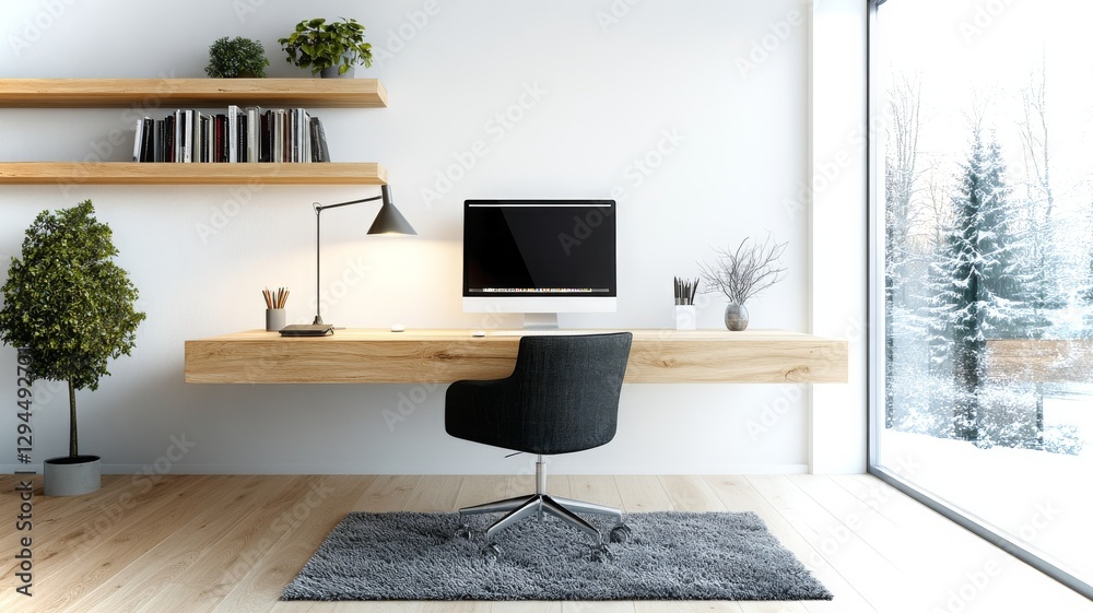Fototapeta premium Cozy Scandinavian home office featuring a sleek desk and a winte