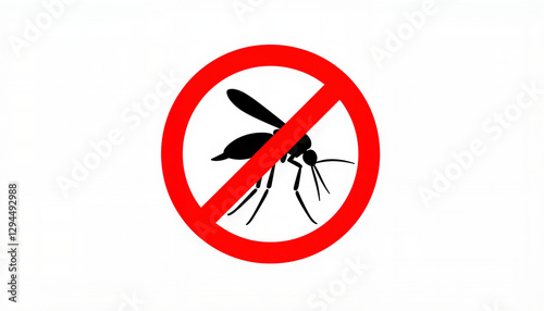 No mosquito sign with a black mosquito graphic and red prohibition circle on a white background