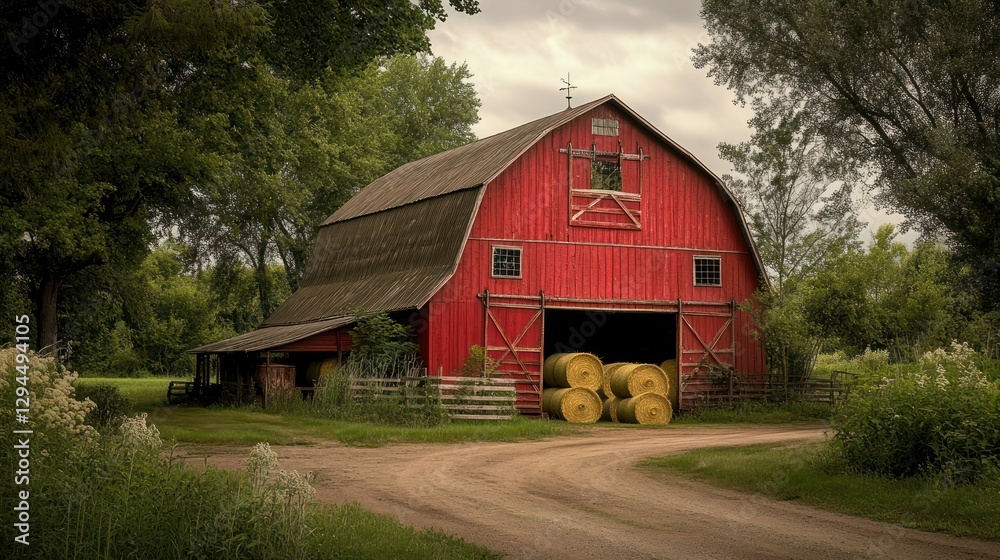 Obraz premium Red barn with hay bales near winding country road