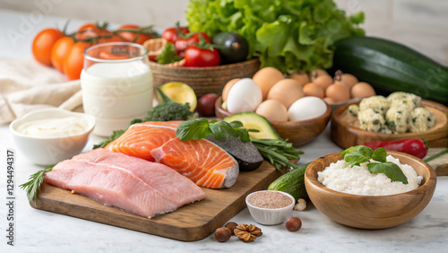 Dukan diet: fish (salmon, tuna), eggs and cottage cheese. Vegetables: broccoli, zucchini, tomatoes, carrots and greens. The image is ideal for use in health blogs, diet recipes and nutrition content.