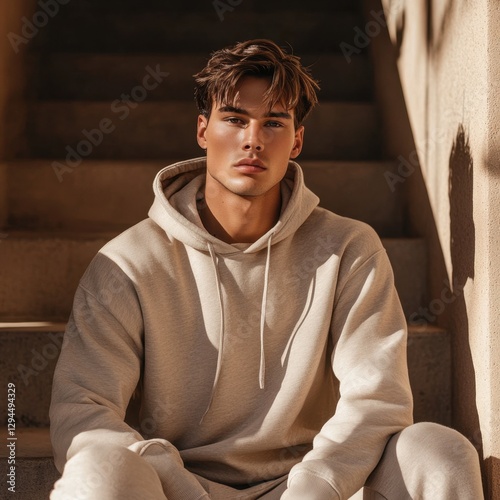 Casual Male Model Posing on Stairs in Urban Setting Portrait Photography Natural Light Trendy