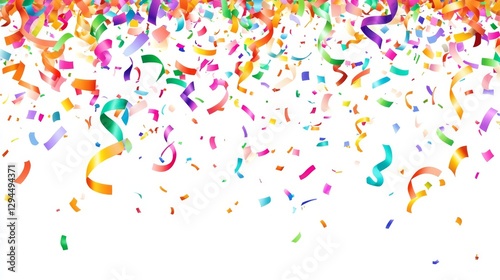 Colorful confetti falling on white background creating festive atmosphere