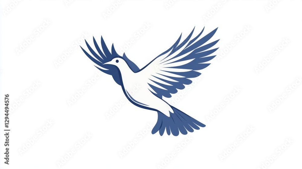 Fototapeta premium Blue and white stylized bird with outstretched wings on white background
