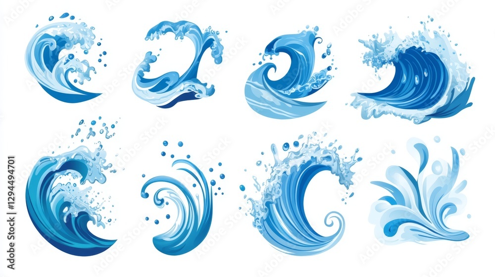 Naklejka premium Various artistic blue wave icons with splashes and swirls on white background