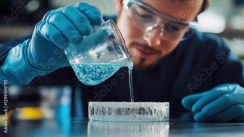 Researcher Pouring Liquid Polymer Resin into Standard Mold in Laboratory Environment Focused on Innovative Material Science Techniques