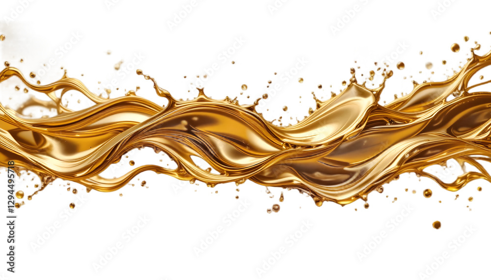 Fototapeta premium A stunning arrangement of golden oil splashes with a metallic sheen, capturing the essence of luxury and fluid dynamics, isolated on a transparent background.