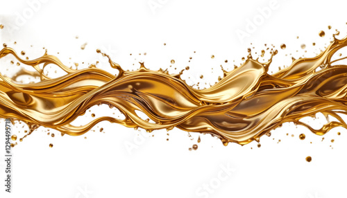 A stunning arrangement of golden oil splashes with a metallic sheen, capturing the essence of luxury and fluid dynamics, isolated on a transparent background.
