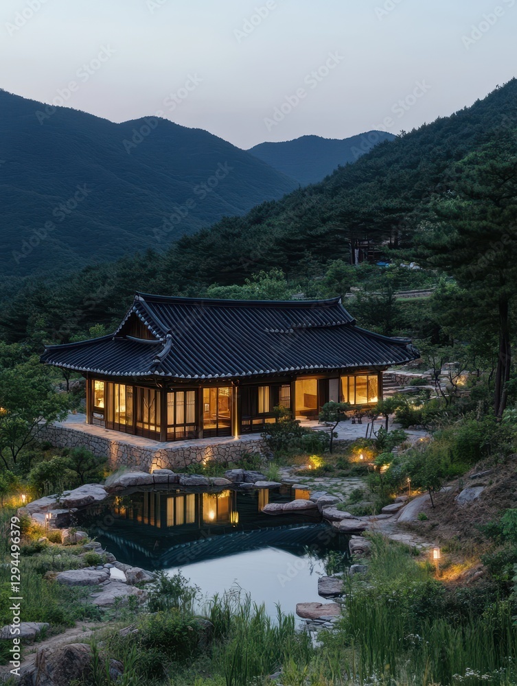 A Korean traditional house is on a mountainside A Korean traditional house is on a mountainside