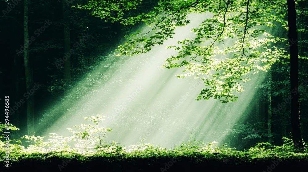 Obraz premium Sunbeams in Lush Green Forest Nature Sunlight Tranquil Woods
