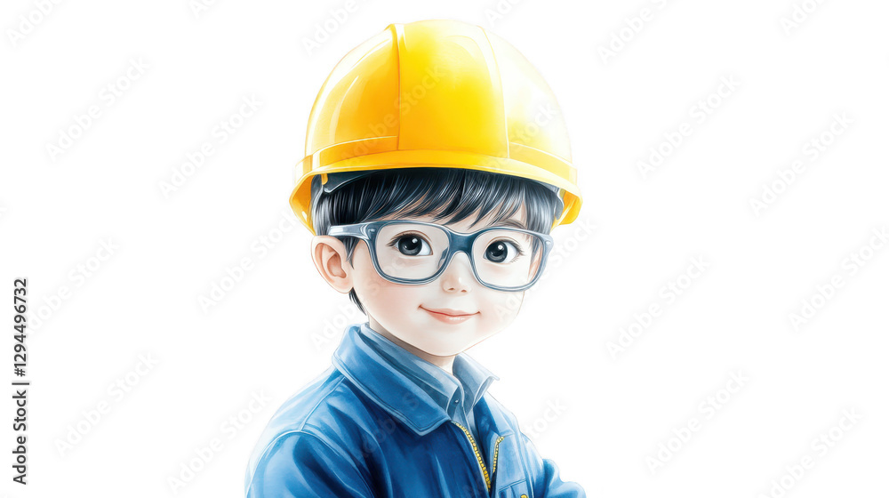 Young boy embraces safety with hard hat and glasses, a portrait of future engineers construction professionals
