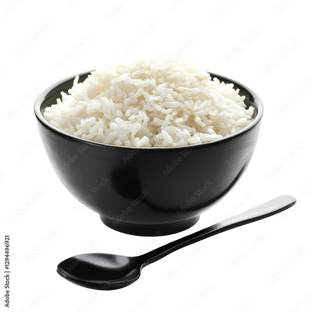 Delicious white rice served in black bowl with spoon, perfect for any meal. This simple yet essential dish complements various cuisines and adds comforting touch to dining Delicious white rice served in black bowl with spoon, perfect for any meal. This simple yet essential dish complements various cuisines and adds comforting touch to dining