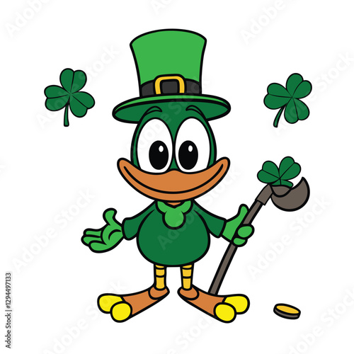 Lucky Leprechaun Duck cartoon with a clover hat celebrates St Patrick's Day with Irish luck
