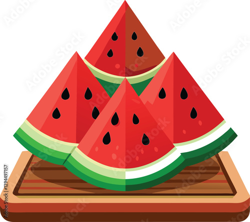 Symmetrical Watermelon Wedges Vector Art – Vibrant Red Flesh, Deep Green Rind & Wooden Platter for Summer Snack Illustrations