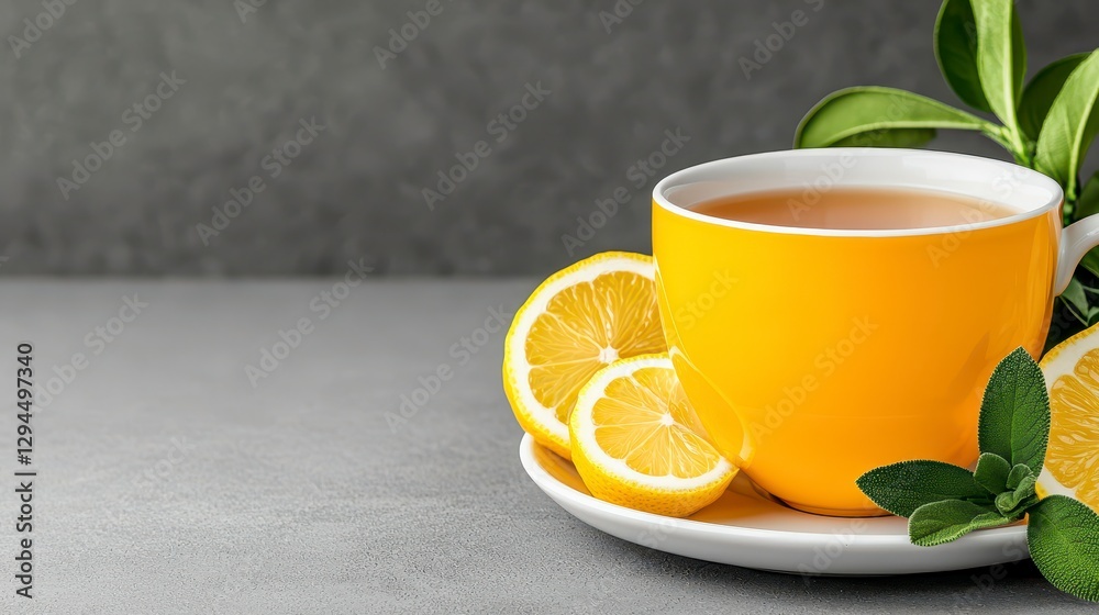 Cup of tea with lemon slices and mint leaves on a wooden table with ginger and herbs Cup of tea with lemon slices and mint leaves on a wooden table with ginger and herbs