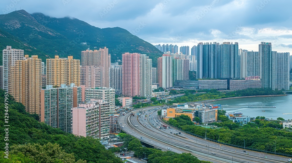 Fototapeta premium Urban skyline of Hong Kong with mountains and highway view