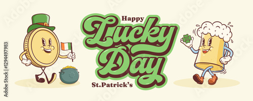 Saint Patrick Day Groovy Beer Tankard and Shamrock Retro Characters Banner. Cartoon Green Ale Mug with Clover Trefoil. Vector Irish Spring Holiday Mascot Template. Happy Vintage Illustration. Isolated