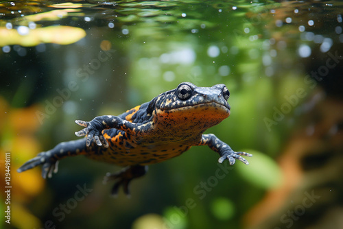 A palmate newt in a pond, d...