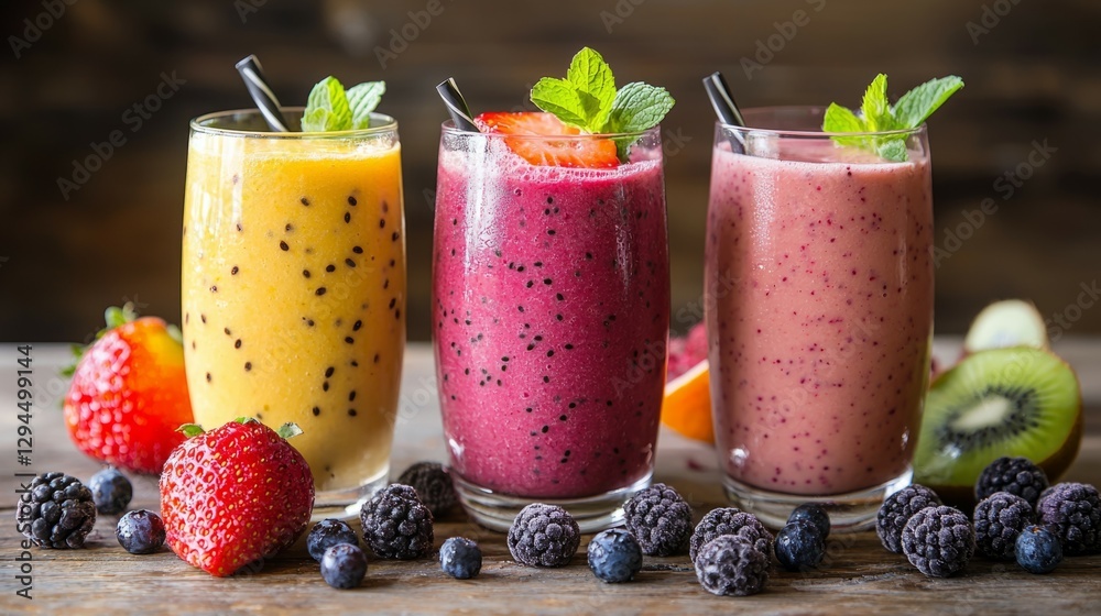 Refreshing Fruit Smoothies with Berries and Mint on Wooden Table Refreshing Fruit Smoothies with Berries and Mint on Wooden Table