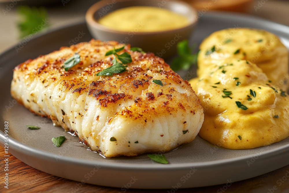 A plate of crumbed hake, golden and appetizing, culinary theme.